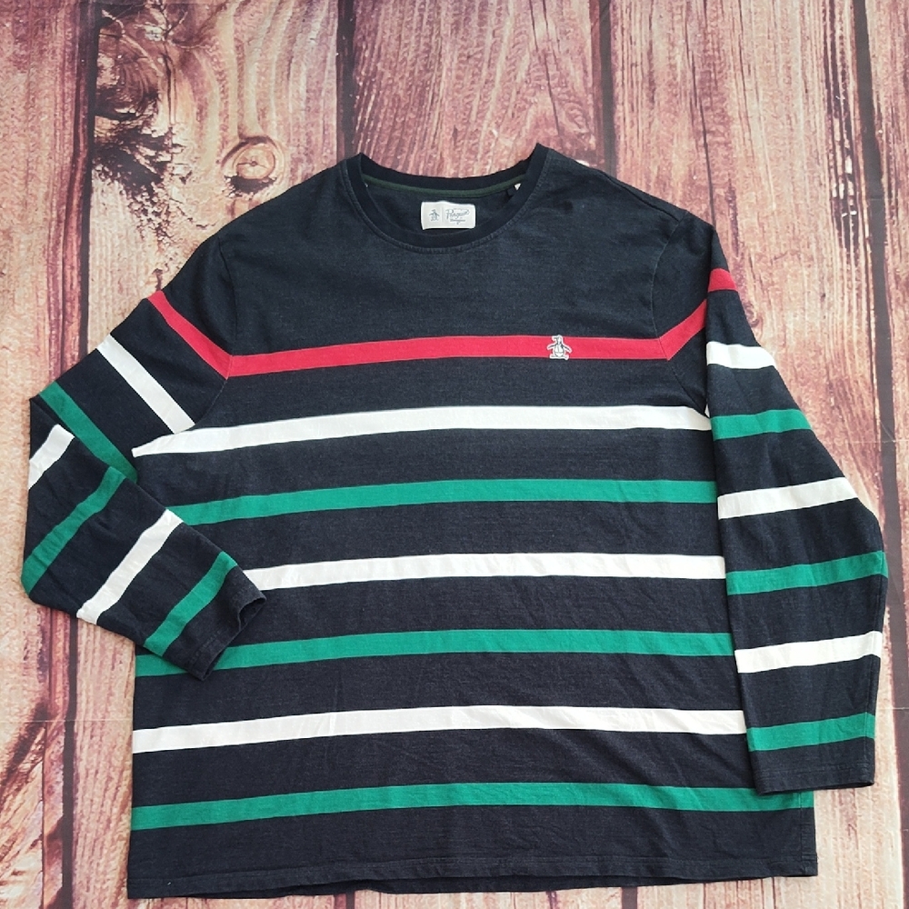 Original Penguin Mens Terry Cloth Stripe Crew Neck Sweater T Shirt Like New